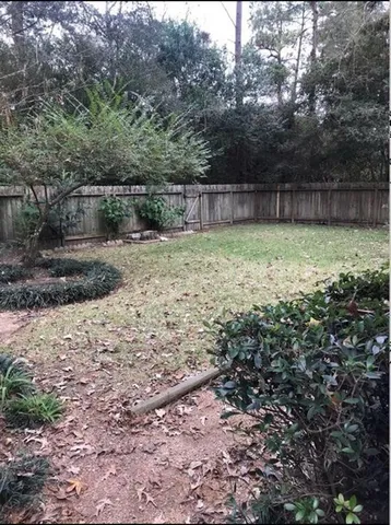 a view of a backyard with large trees