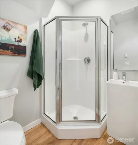 a bathroom with a shower and a toilet