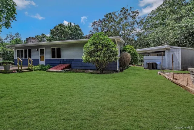 a view of a backyard with table and chairs potted plants and large tree