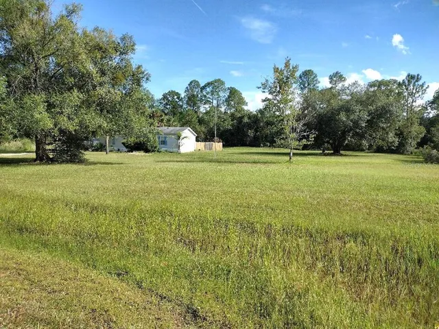 a view of a field with trees in the background