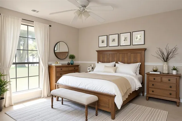 a bedroom with a bed a dresser and next to a window