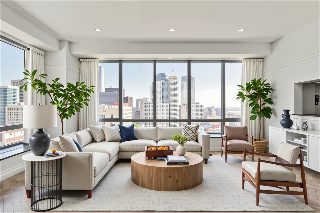 a living room with furniture and a large window