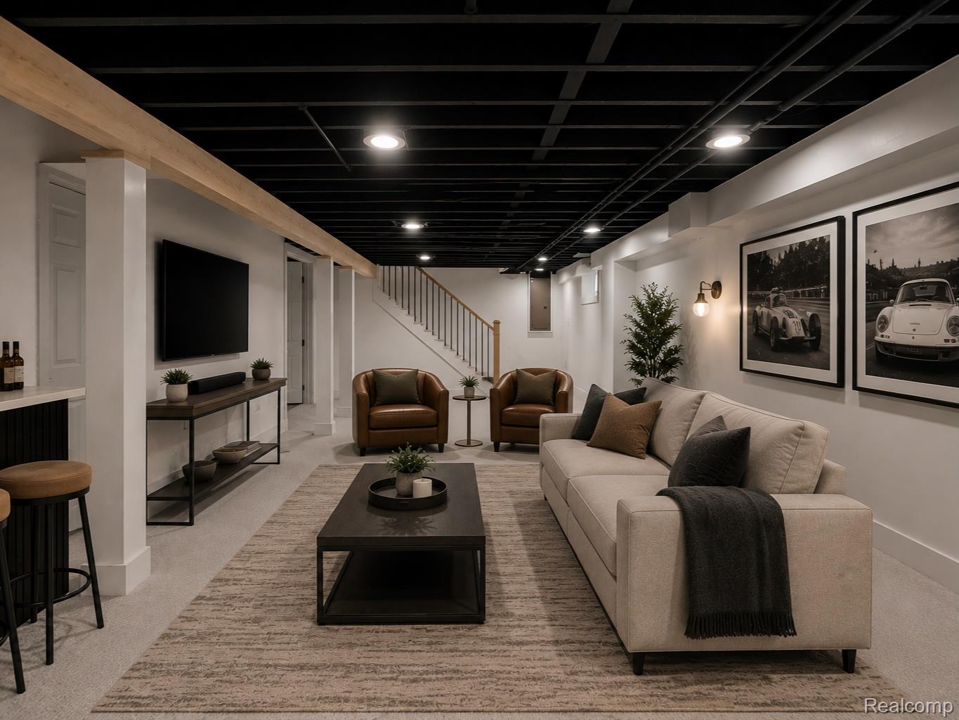 347 Highland Avenue Rochester, MI 48307 - Photo 47 of 59 Lower-level living area featuring recessed lighting within a dark open-grid ceiling, light-toned carpeting, and white wall finishes