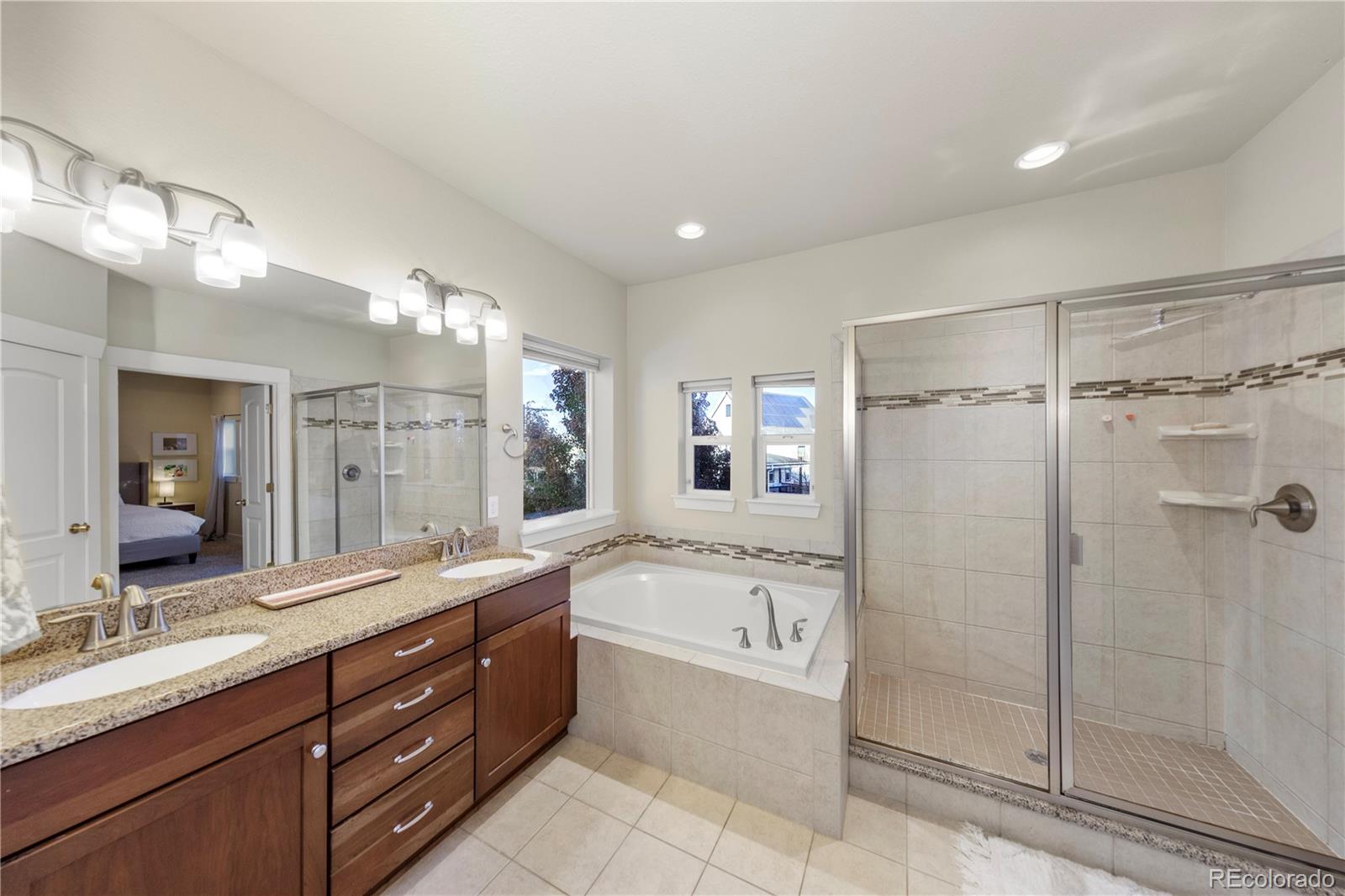 2907 Ironton Street Denver, CO 80238 - Photo 13 of 29 a spacious bathroom with a granite countertop sink mirror and shower