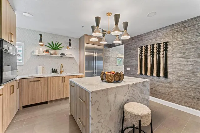 a view of a street with brick building in front of it