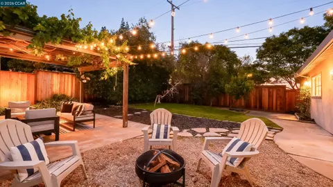 a view of a house with a yard and potted plants