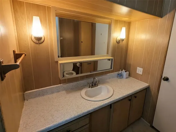a bathroom with a sink and a mirror