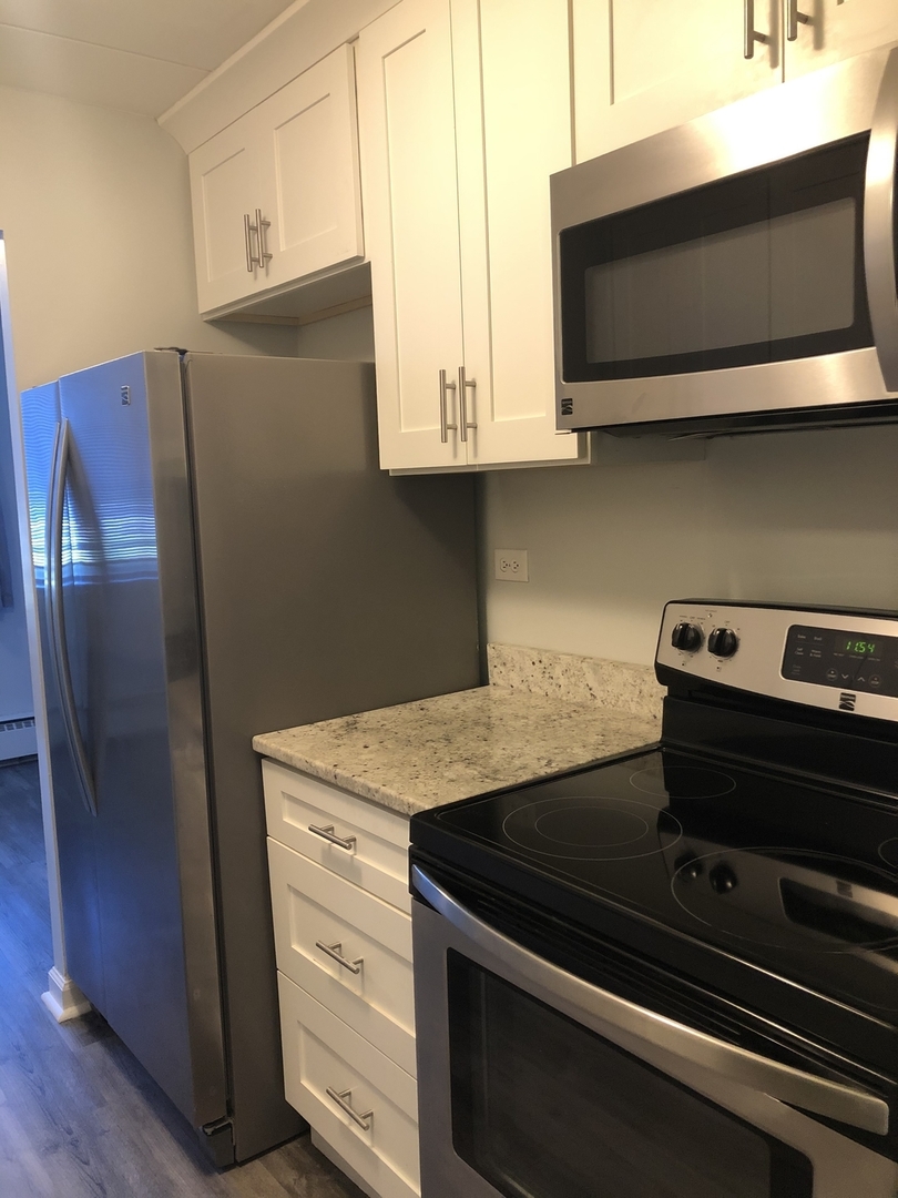 225 South Rohlwing Road, Unit 106 Palatine, IL 60074 - Photo 8 of 17 a kitchen with stainless steel appliances a microwave and a refrigerator