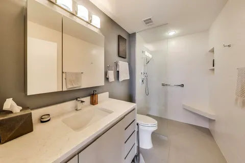 a bathroom with a sink a toilet and shower