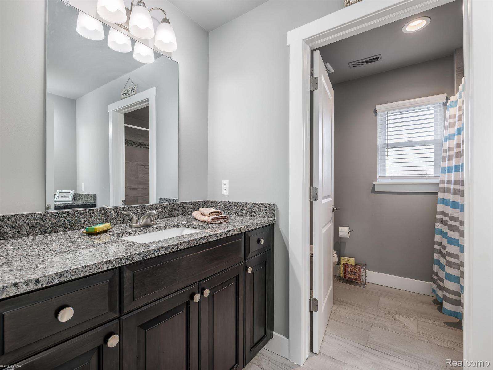 47705 Card Road Macomb, MI 48044 - Photo 35 of 53 Bathroom vanity featuring a single sink, dark wood cabinetry, and a speckled stone countertop
