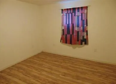 a view of a room with wooden floor and closet