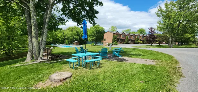 a view of a park with large trees