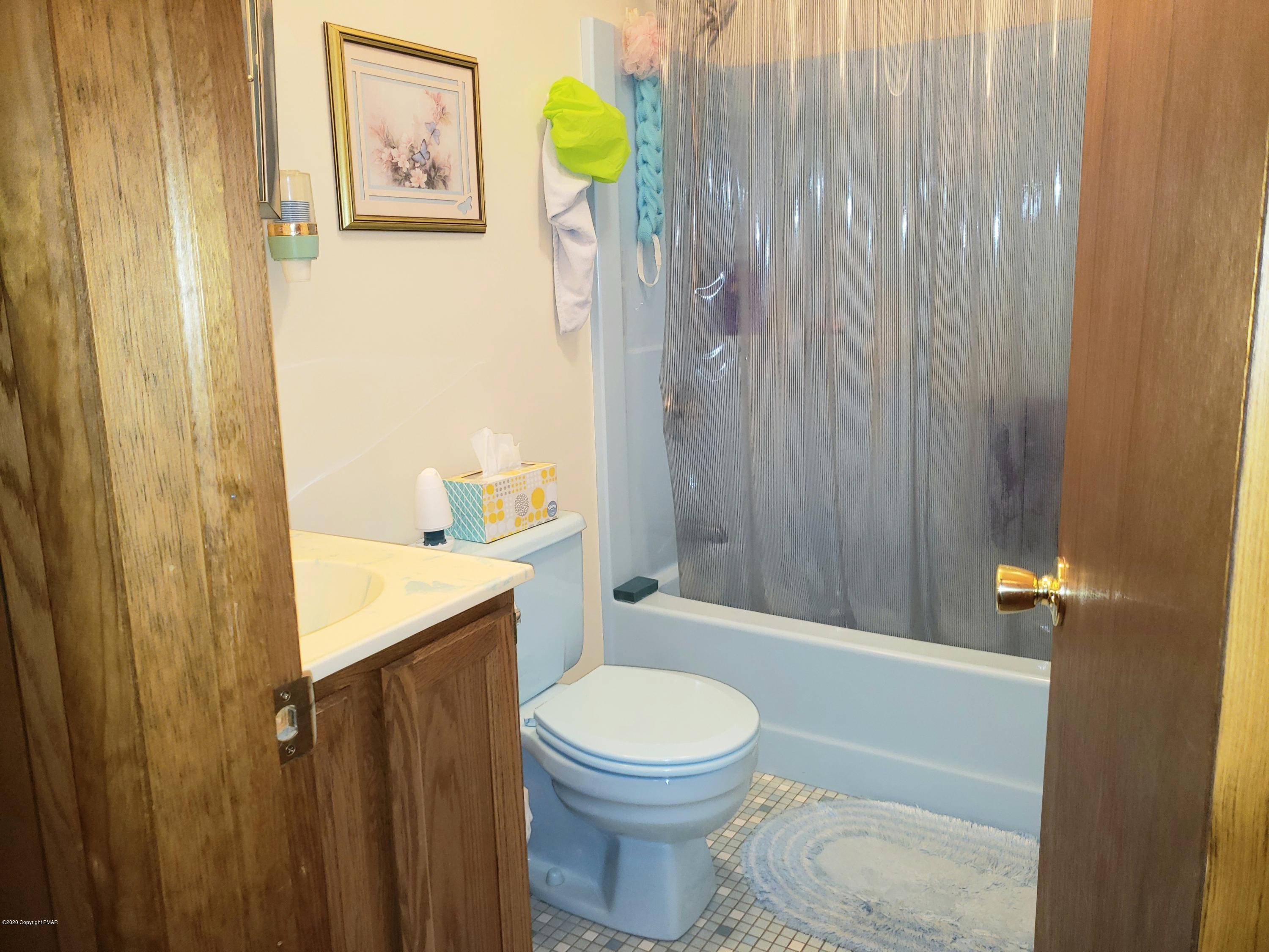 1437 Clover Road Long Pond, PA 18334 - Photo 12 of 38 a bathroom with a sink a toilet and shower curtain