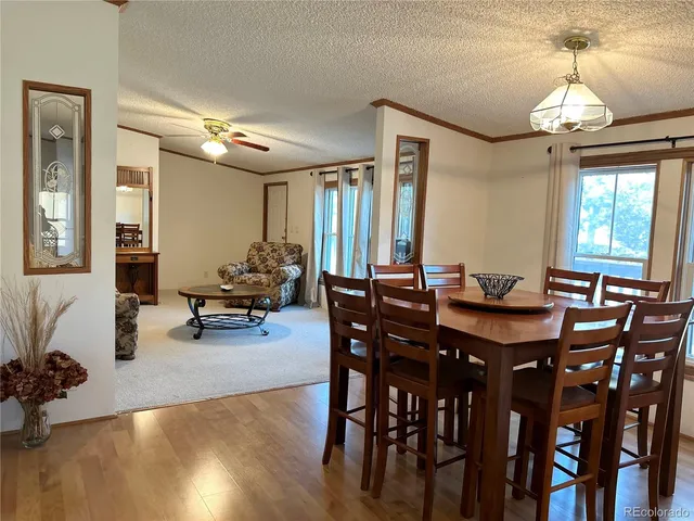 a view of a a dining room and livingroom with furniture wooden floor a chandelier