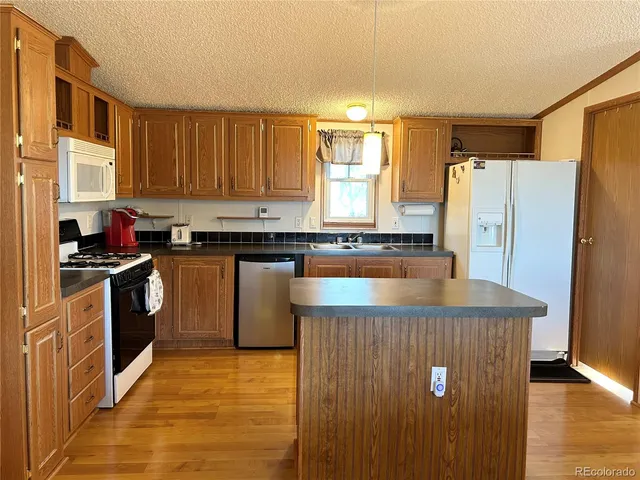 a kitchen with a refrigerator a stove a sink and cabinets