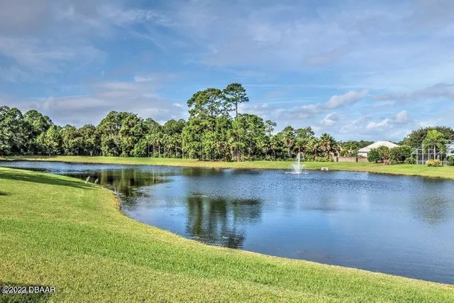 a view of a lake with a city