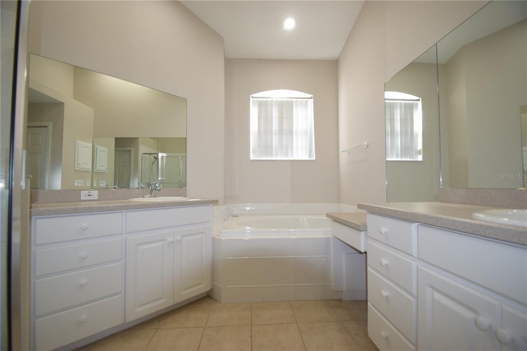 534 Grasslands Village Circle, Unit 534 Lakeland, FL 33803 - Photo 30 of 35 a bathroom with a sink a vanity a mirror and a bathtub