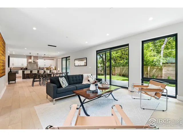 a living room with furniture and floor to ceiling window