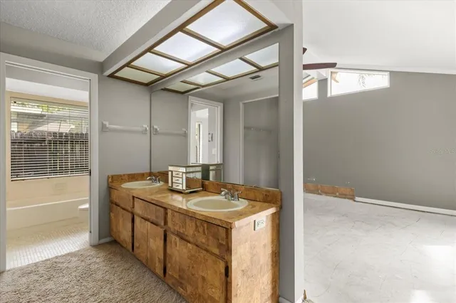 a bathroom with a tub sink vanity and mirror