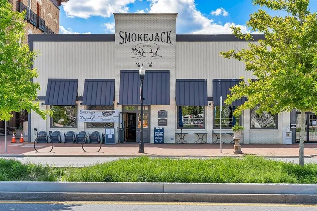 a front view of a building with street