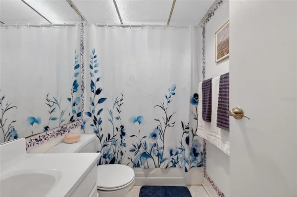 a bathroom with a sink a toilet and shower curtain