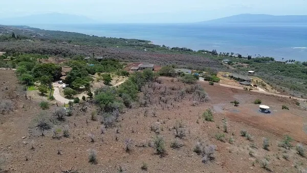 a view of a dry field with mountains in background