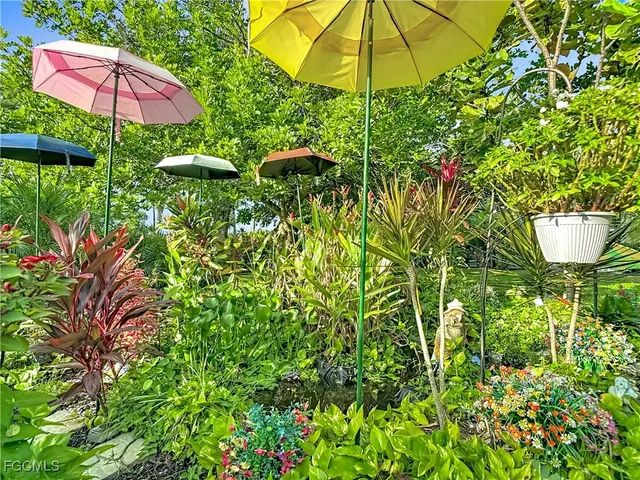 a view of a backyard with plants and a lake