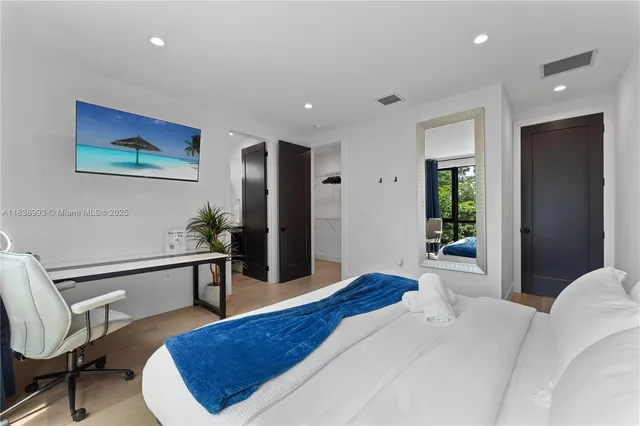 a spacious bedroom with a bed and a desk