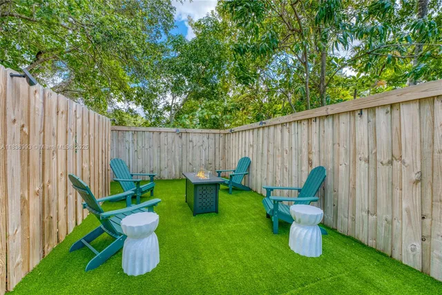 a backyard of a house with table and chairs