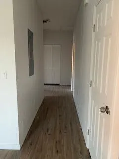 a view of a hallway with wooden floor and entryway