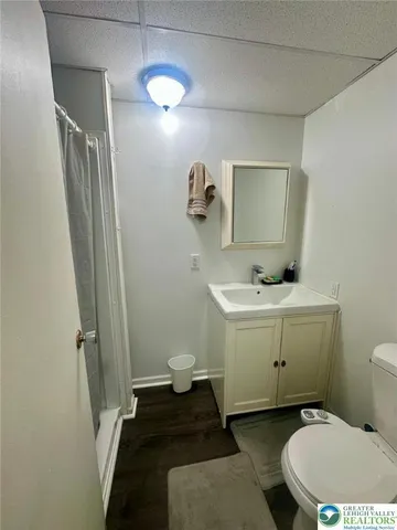 a bathroom with a sink a toilet and mirror