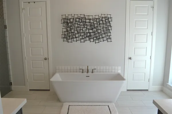 a bathroom with a bathtub sink vanity and closet