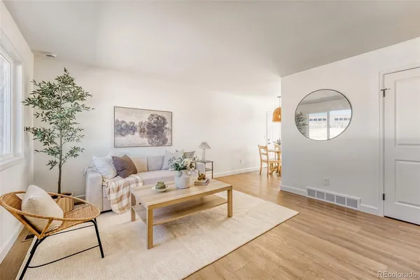 a living room with furniture and a potted plant