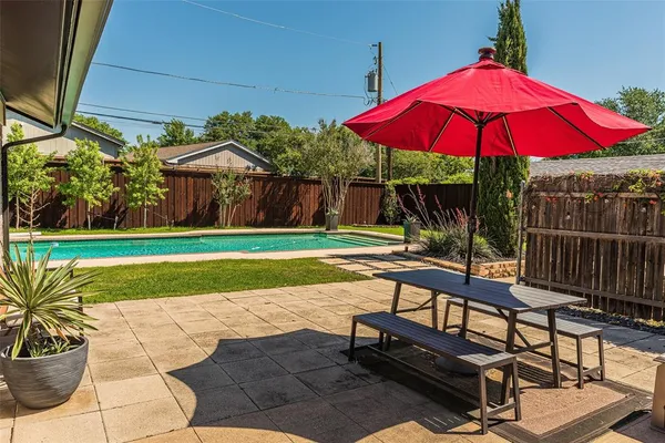 a view of backyard with swimming pool and outdoor seating