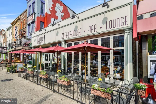 a view of a cafe with a lot of table and chairs in patio
