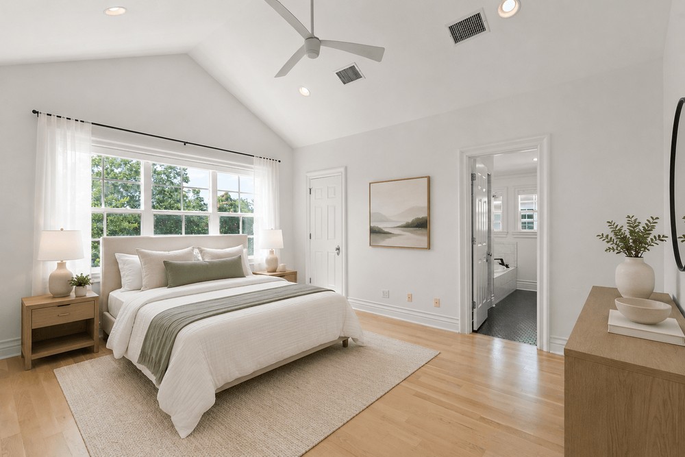 1609 Hartford Road, Unit A Austin, TX 78703 - Photo 25 of 39 Natural light floods this spacious bedroom, showcasing gleaming hardwood floors and an inviting ensuite bath.