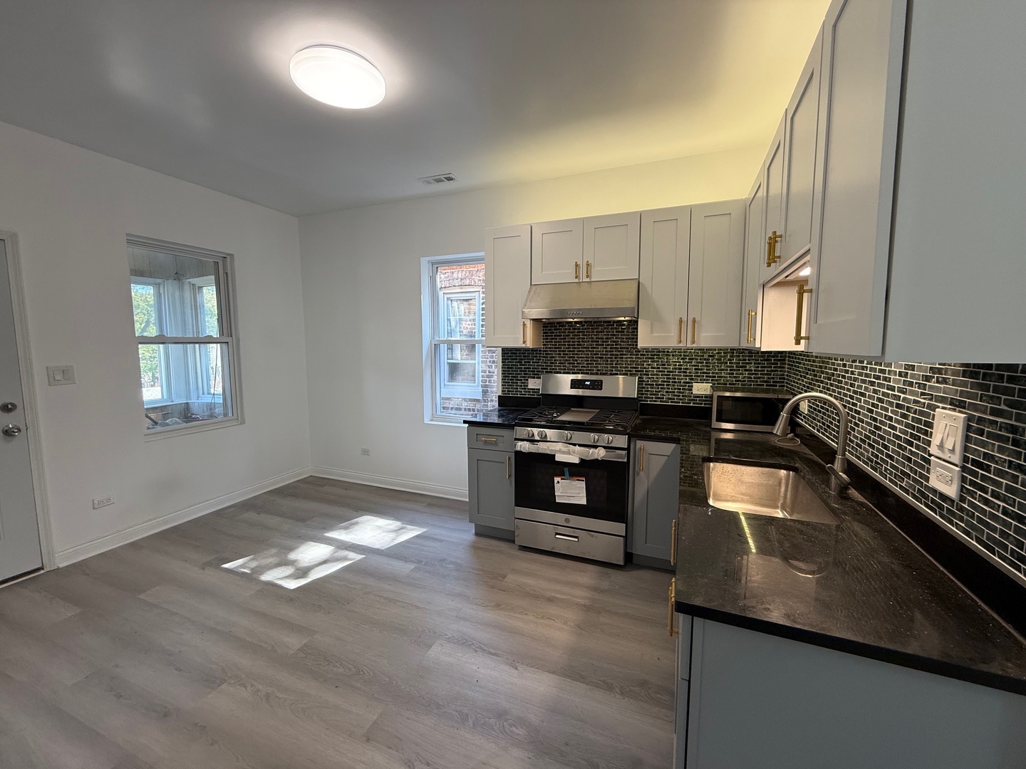 4357 South Whipple Street, Unit 2 Chicago, IL 60632 - Photo 2 of 17 a kitchen with granite countertop stainless steel appliances a sink a stove cabinets counter space and a window