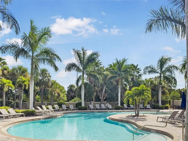 a view of swimming pool with palm trees