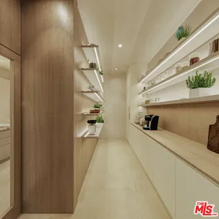 a large white kitchen with a large window