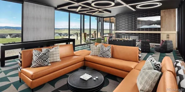 a outdoor living space with furniture and a large window