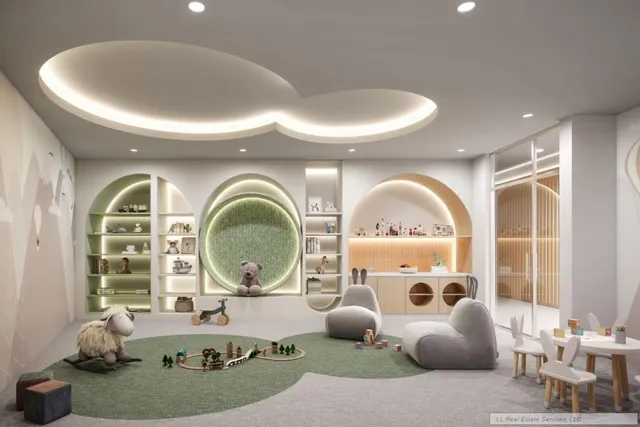 a room with furniture and a large window