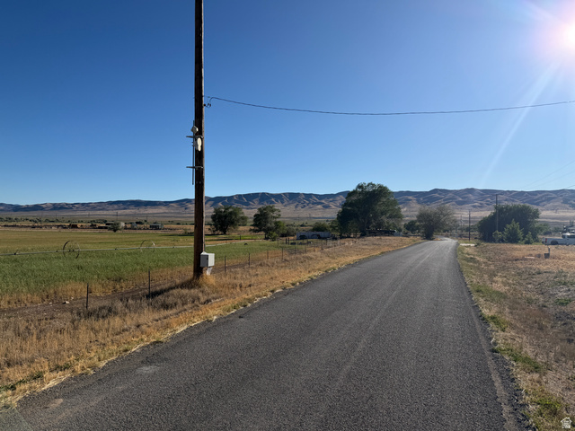 126 Burraston Road, Unit 2 Mona, UT 84645 - Photo 4 of 7 Paved road bordered by dry brush and a wire fence, with green fields beyond