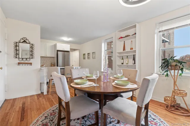 a view of a dining room with furniture