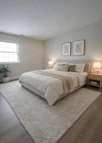 a bedroom with bed and a night stand