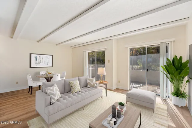 a living room with furniture and a potted plant