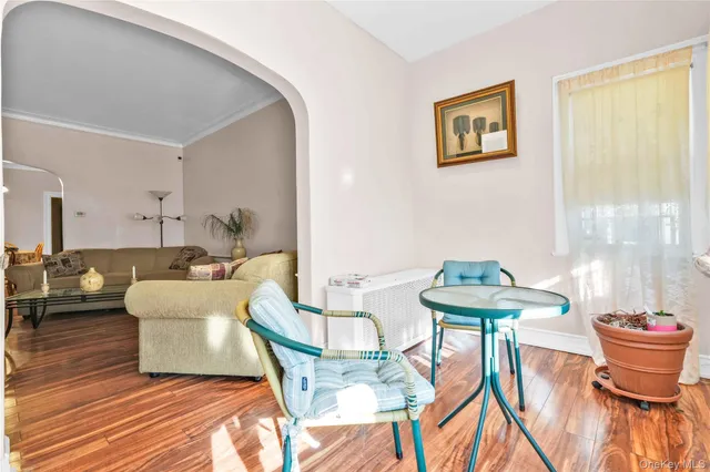 a living room with patio and a table