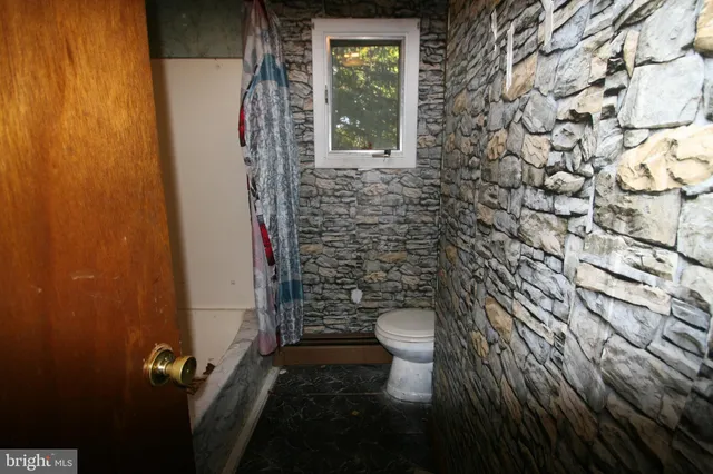 a bathroom with a toilet and a shower curtain