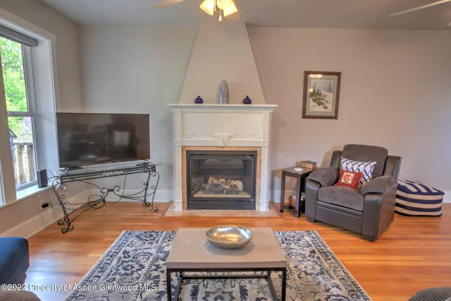 a living room with furniture a flat screen tv and a fireplace