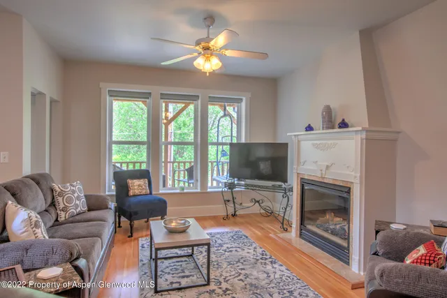 a living room with furniture a fireplace and a flat screen tv