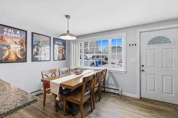 a view of a dining room with furniture window and wooden floor